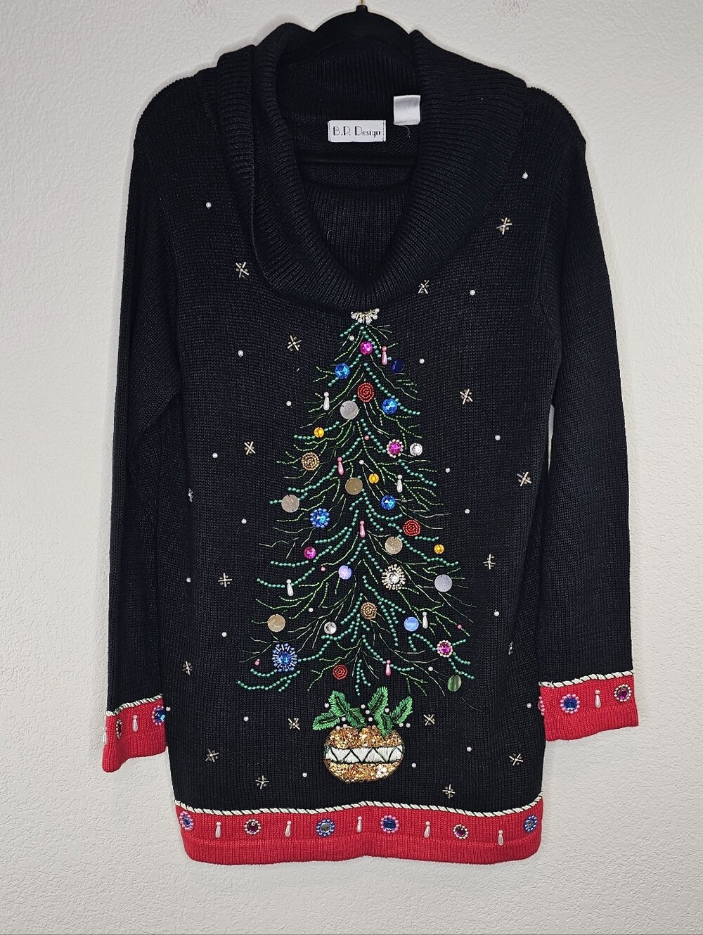 BP Designs Christmas Tree Embroidered Jeweled Black Knit Cowl Turtleneck Sweater